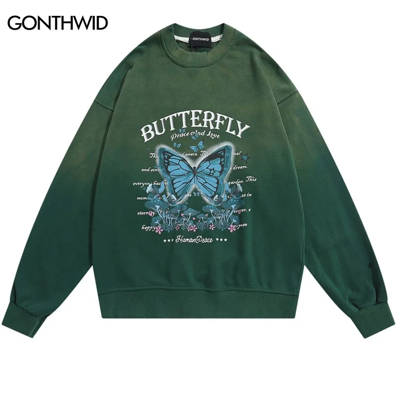 Men Sweatshirt Hoodie Harajuku Butterfly Graphic Print Tie Dye Gradient Sweatshirt Streetwear 2023 Hip Hop Casual Hoodie