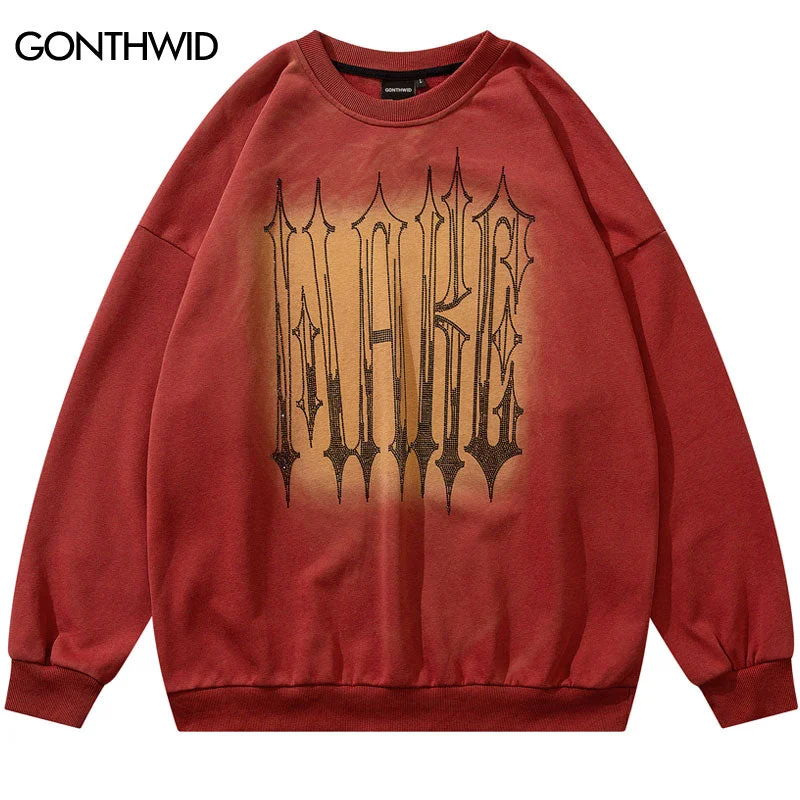 Men Sweatshirt Hoodie Harujuku Rhinestones Letter Streetwear Hoodies 2023 Hip Hop Casual Vintage Retro Sweatshirt Red Black Male