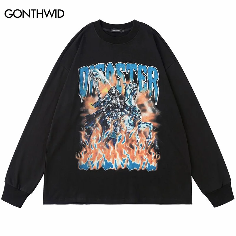 Men Sweatshirt Hoodie Streetwear Hip Hop Flame Skull Skeleton Print Punk Gothic Pullover 2023 Harajuku Casual Cotton Sweatshirt