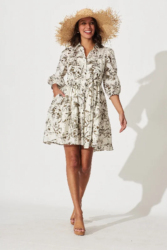 Pearsona Shirt Dress In Cream With Khaki Leaf Print Cotton