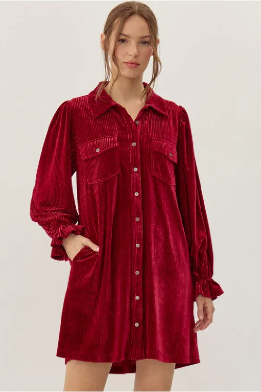 Red Corduroy Velvet Shirt Dress