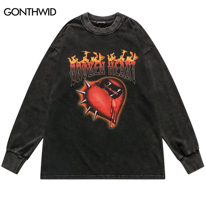 Sweatshirt Hoodie Streetwear Men Vintage Heart Print Pullover Punk Gothic Hip Hop Retro Casual Cotton Loose Sweatshirt