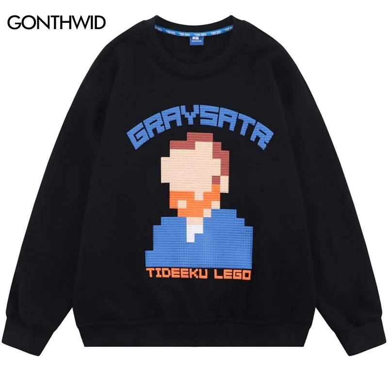 Sweatshirt Hoodies Harajuku Hip Hop Pixel Van Gogh Print Casual Crew Sweatshirts Streetwear 2023 Autumn Loose Sweatshirt