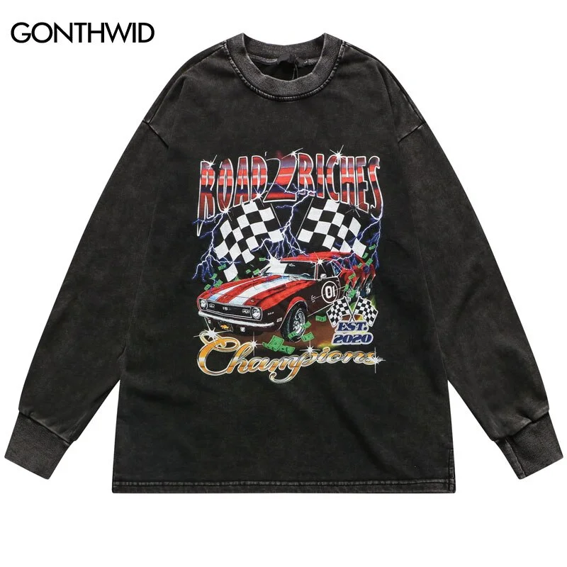 Sweatshirt Men Hip Hop Retro Car Print Pullover Hoodie Vintage Casual Cotton Loose Streetwear 2023 Harajuku Sweatshirt