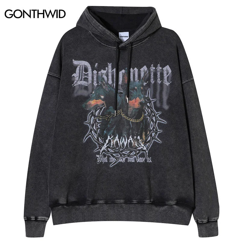 Vintage Hoodie Streetwear Hip Hop Doberman Graphic Print Washed Hooded Sweatshirt Harajuku Casual Punk Gothic Pullover