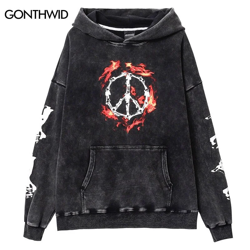 Vintage Hoodie Streetwear Hip Hop Skull Skeleton Flame Bones Print Punk Gothic Washed Hooded Sweatshirt Harajuku Casual Hoodies