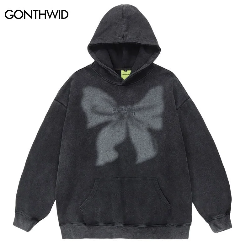 Vintage Hoodie Streetwear Sweatshirt Hip Hop Retro Bow Print Distressed Wash Pullover Hooded Harajuku Casual Loose Cotton Hoodie