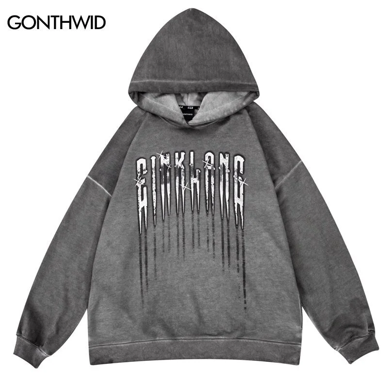 Vintage Hoodie Sweatshirt Hip Hop Retro Letter Print Distressed Wash Hooded Pullover Streetwear Harajuku Casual Loose Hoodies