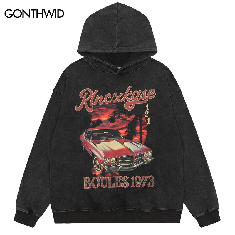 Vintage Hoodie Sweatshirt Streetwear Hip Hop Retro Car Print Distressed Wash Pullover Hooded 2023 Harajuku Casual Loose Hoodies