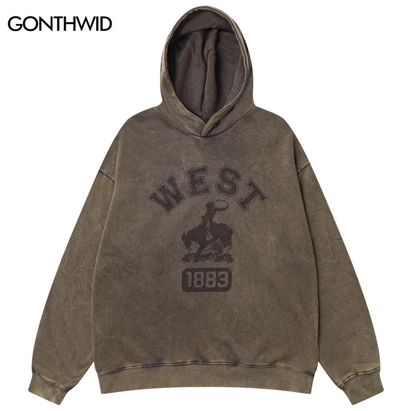 Vintage Hoodie Sweatshirt Streetwear Hip Hop Retro Graphic Letter Print Washed Hooded Men Harajuku Casual Loose Pullover