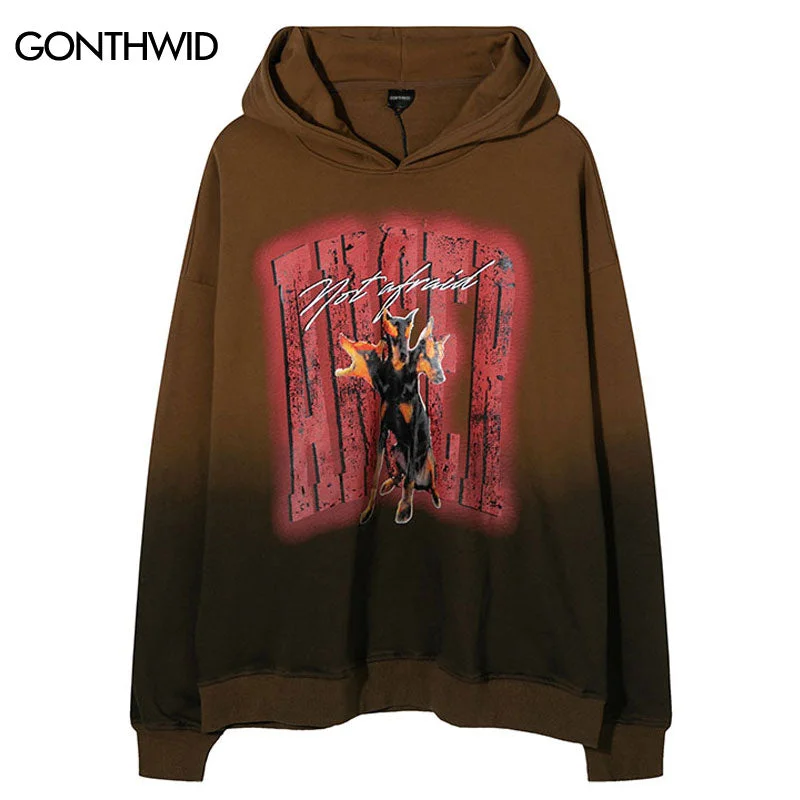 Vintage Hoodie Sweatshirt Y2K Grunge Streetwear Mens Doberman Print Tie Dye Gradient Hooded Harajuku Casual Punk Gothic Pullover