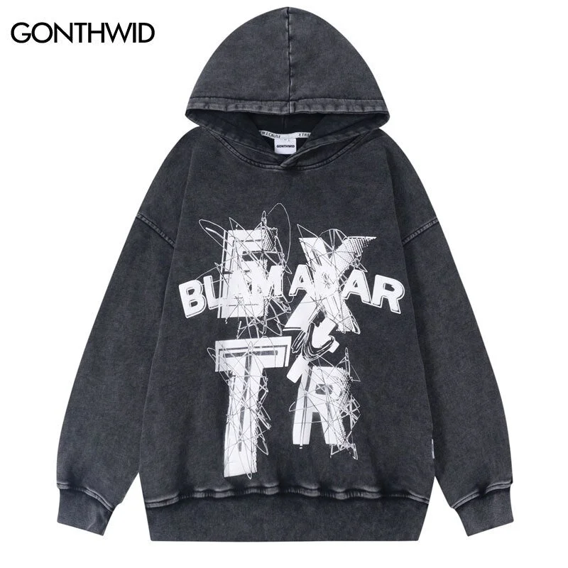 Vintage Hoodie Y2K Streetwear Hip Hop Letter Print Washed Hooded Sweatshirt Harajuku Casual Cotton Punk Gothic Pullover