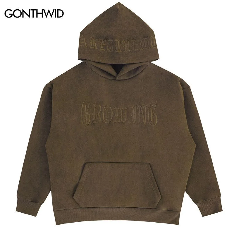 Vintage Suede Hoodie Sweatshirt Streetwear Hip Hop Embroidery Letter Hooded Harajuku Punk Gothic Pullover Casual Hoodies