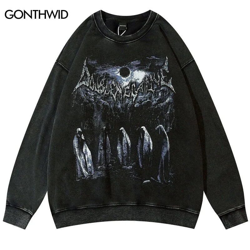 Vintage Sweatshirt Streetwear Grunge Hip Hop Devil Skull Skeleton Print Punk Gothic Wash Hoodie Harajuku Casual Pullover