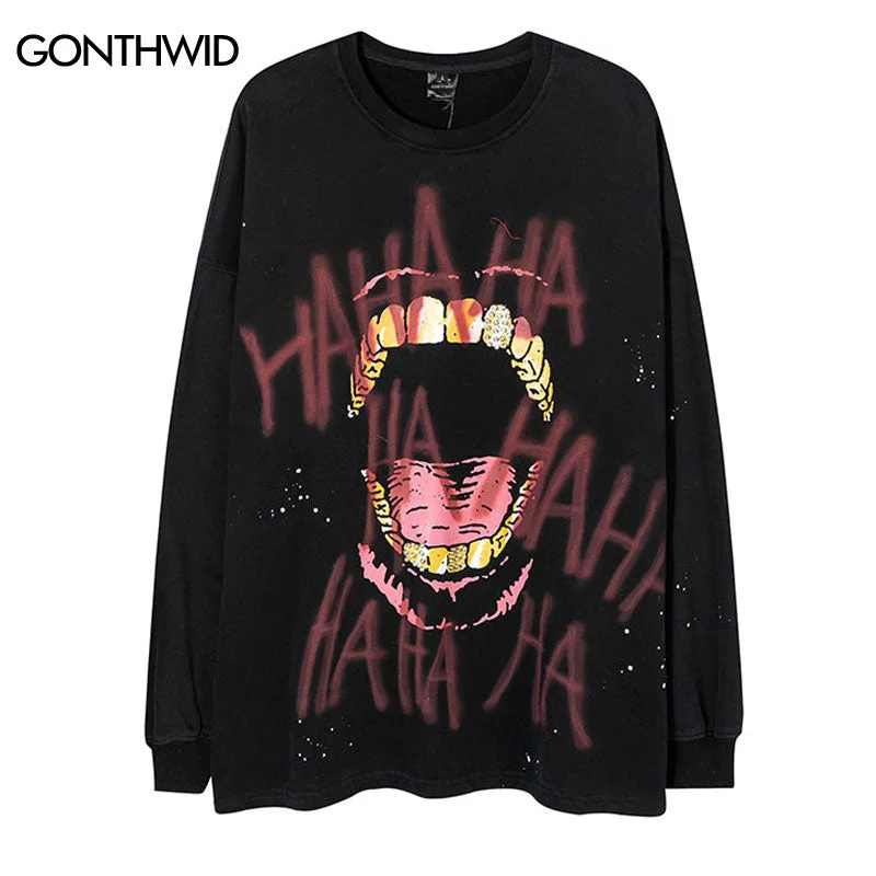 Vintage Sweatshirt Streetwear Y2K Grunge Hip Hop Graffiti Letter Teeth Print Pullover 2023 Casual Loose Cotton Punk Gothic Tops