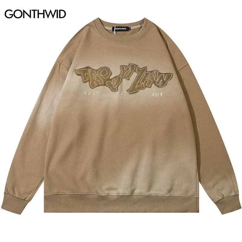 Vintage Sweatshirt Y2K Streetwear Hip Hop Embroidery Letter Tie Dye Crewneck Pullover Harajuku Casual Loose Hoodie Tops