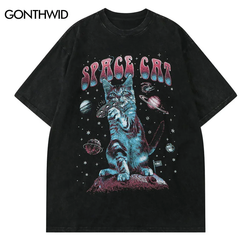 Vintage T-Shirt Streetwear Hip Hop Funny Space Cat Planet Print Punk Goth Tshirt Harajuku Casual Cotton Loose Tee Shirts