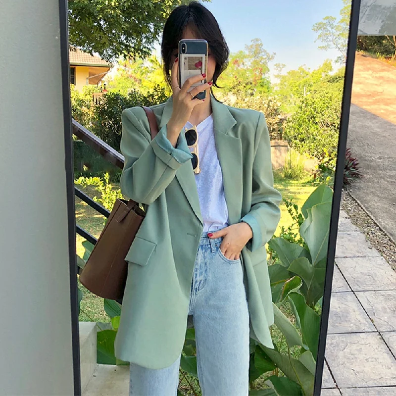 2022 Autumn Women Solid Suit Top Women's Loose Casual Blazers Jacket Female Sweet Green Coat Korean Clothing