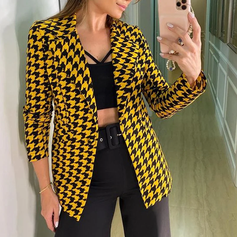 2023 Autumn Women's Jacket Small Suit Houndstooth Suit Casual Lady Single Button Jacket Top Fall Jacket for Women