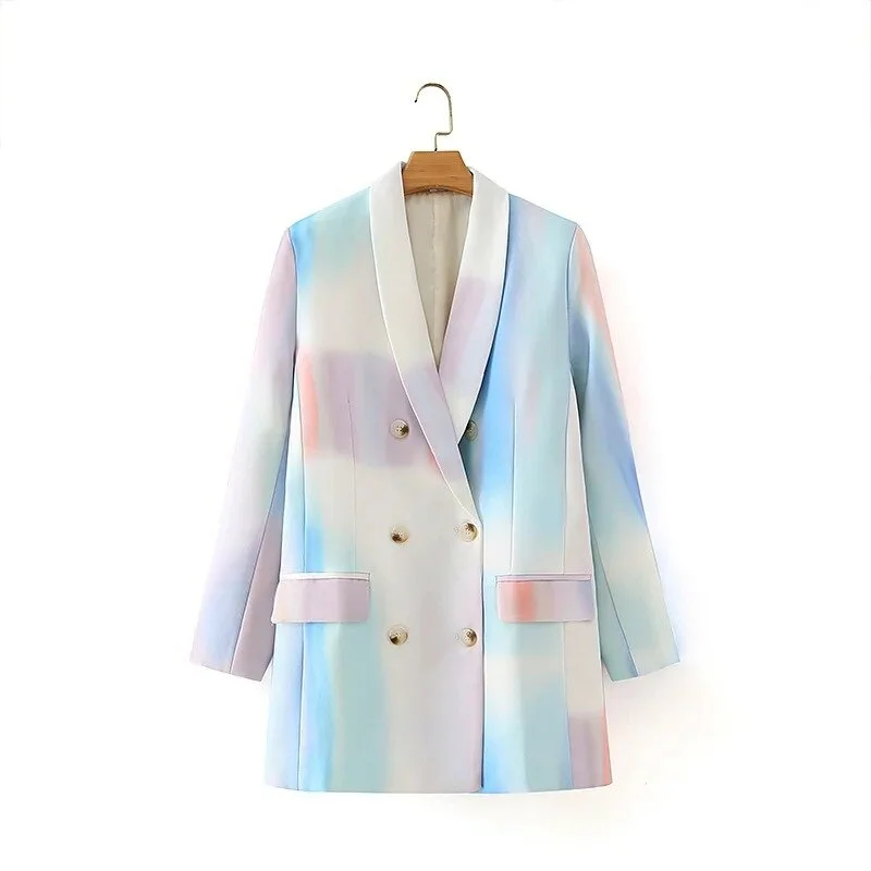 2022 Ladies Casual Loose Double-breasted Printed Ladies Jacket Trendy Mid-length Ladies Blazer Fall Small Suit Female