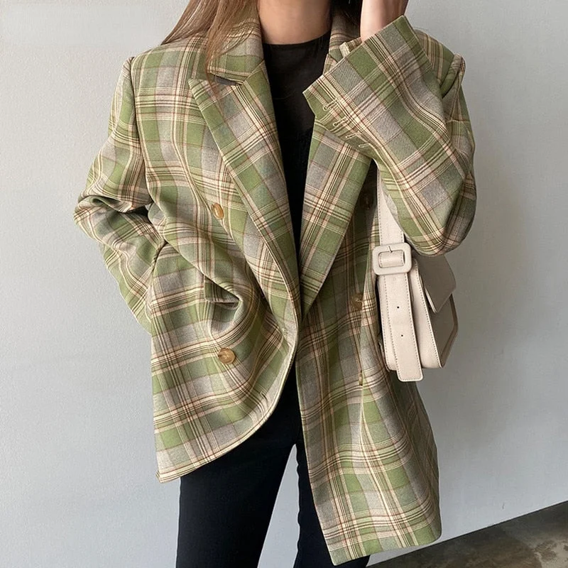 2022 Spring Vintage Loose Double Breasted Jacket Fall Women Casual Long Sleeve Plaid Blazer Chic Stylish Ladies Suit Jackets