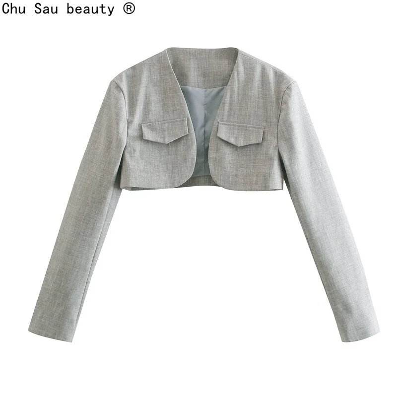 2022 Spring Women V-Neck Solid Color All Match Short Suit Jacket Women Casual Crop Top No Buttons