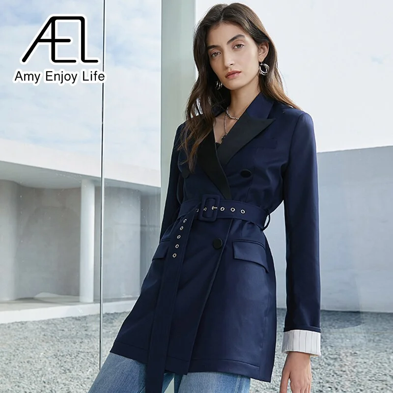 AEL Blazer Women Jackets Suit With Belt Double-Breasted Elegant Casual Spring Coat Patchwork Streetwear