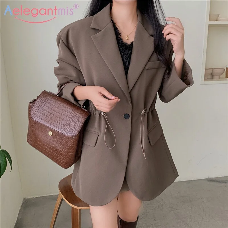 Aelegantmis Korea Casual Single Breasted Blazer Coat Women Office Lady Drawstring Blazer Jacket Female Khaki Business Outwear OL