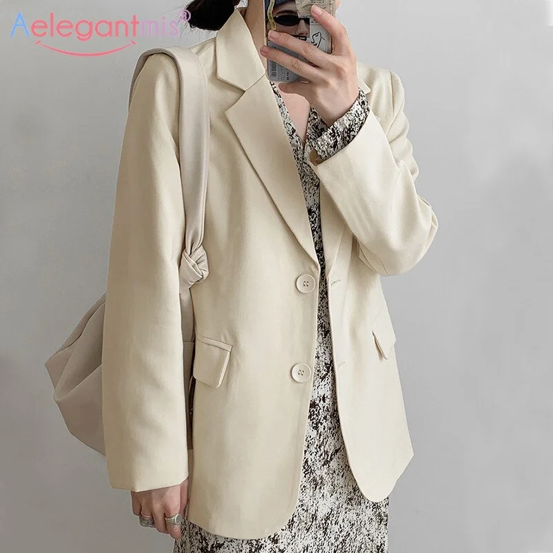 Aelegantmis Korean Casual Blazer Jacket Women 2022 Office Lady White Black Blazers Female Work Suit Coat Ladies Outerwear 4color