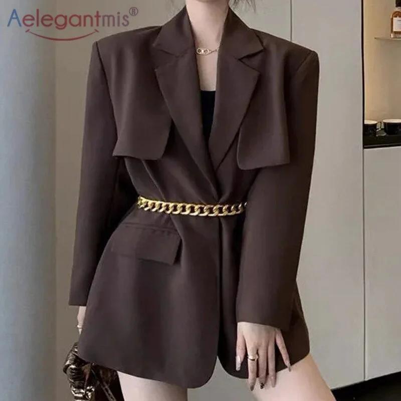 Aelegantmis Korean Office Lady Casual Blazer Jackets Women with Chain 2022 Elegant Jackets Chic Pocket Oversize Tops