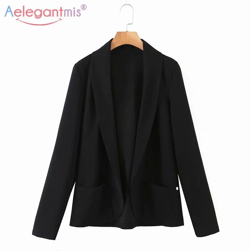 Aelegantmis Office Lady Blazer Jacket Women Casual Korean Black Long Sleeve Outwear Solid Vintage Chic Mujer Vestido New