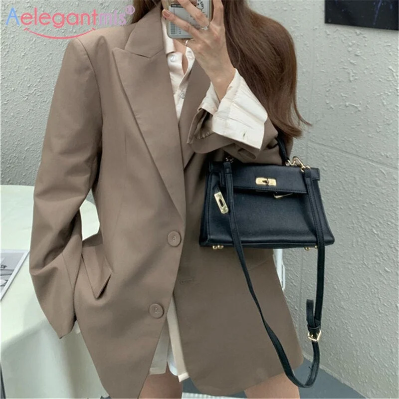 Aelegantmis Office Lady Vintage Khaki Blazer Jacket Women Loose Casual Korean Female OL Retro Soft Blazer Coat Daily Simple New