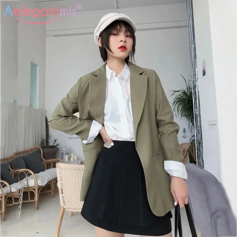 Aelegantmis Solid Green Streetwear Women Casual Blazer Jackets Female Loose Cardigan Pockets Coats Office Ladies Blazers