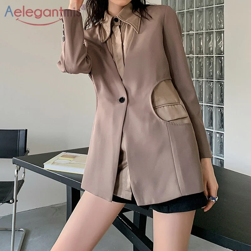 Aelegantmis Vintage Fake Two Piece Blazers Women 2022 Autumn Office Lady Loose Jackets Coat Female Korean Casual Outwear