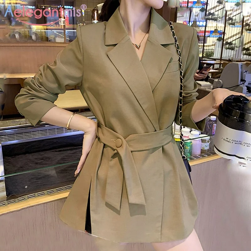 Aelegantmis Vintage Loose Plus Size Women Casual Blazer With Belt Women's Work Suit Coat Office Lady Stylish Blazer Jacket