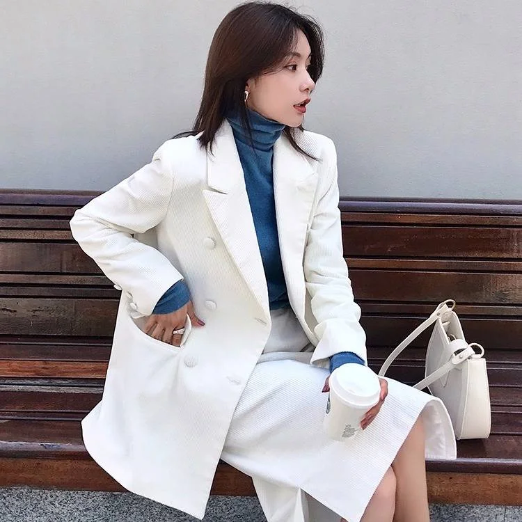 Bella philosophy Women solid Corduroy blazer suit female autumn lady casual two-piece set female double breasted blazer jackets