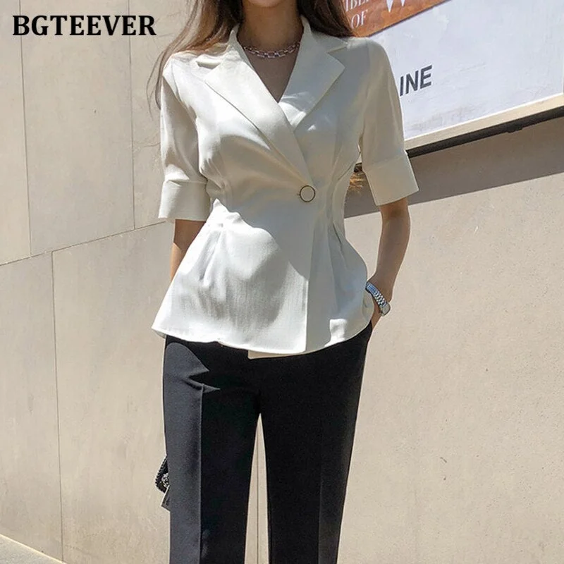 BGTEEVER Office Ladies Single Button Blazer Elegant Short Sleeve Slim Waist Female Suit Jacket Summer Casual Women Outwear Tops