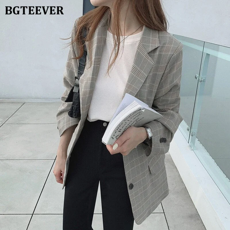 BGTEEVER Retro Notched Collar Women Plaid Blazer Jacket Full Sleeve Single-breasted Pockets Casual Female Suit Coats 2022