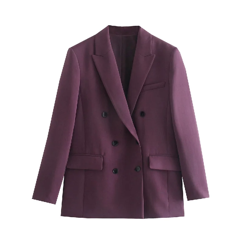 BLSQR Purple Elegant Blazers Women Double Breasted Straight Jackets Female Vintage Chic Casual Outwear Tops Lady