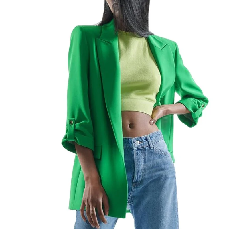 Casual Loose Notched Blazers Women Elegant Green Rollable Sleeve Jackets Women Spring Pockets Straight Suits Ladies