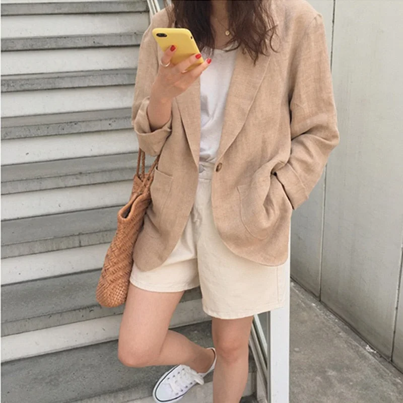 Cotton Linen Blazer Women Spring Autumn Korean Blazers and Jackets Casual Jacket Oversized Coat Vintage British Style Loose 2022