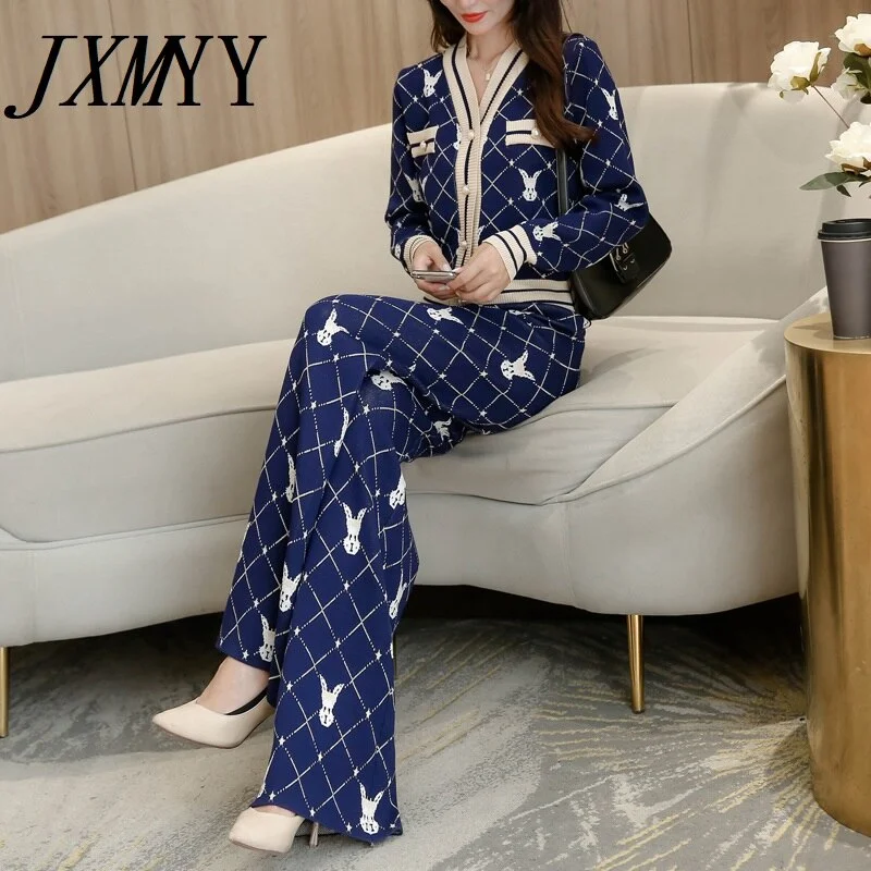 imCharms 2023 Autumn And Winter Ladies Casual Suit Jacket Trousers Two-Piece Knitted Cardigan Trousers Thickened