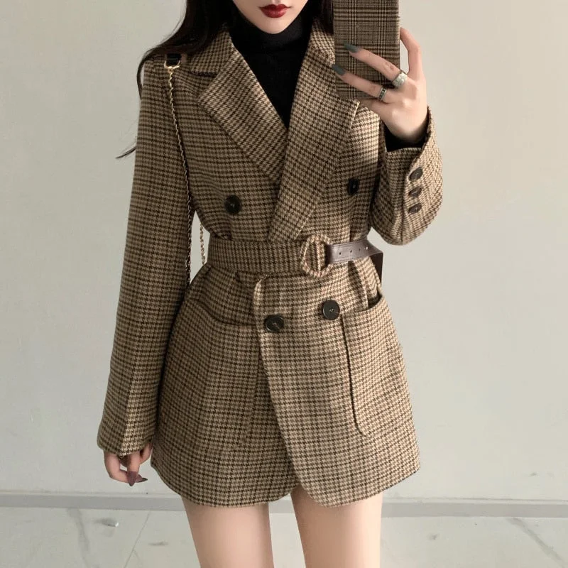 Korean OL Plaid Work Woolen Blazer Jacket Women Casual Double-breasted Sashes Suit Coat Female Slim Vintage Blazer Outwear