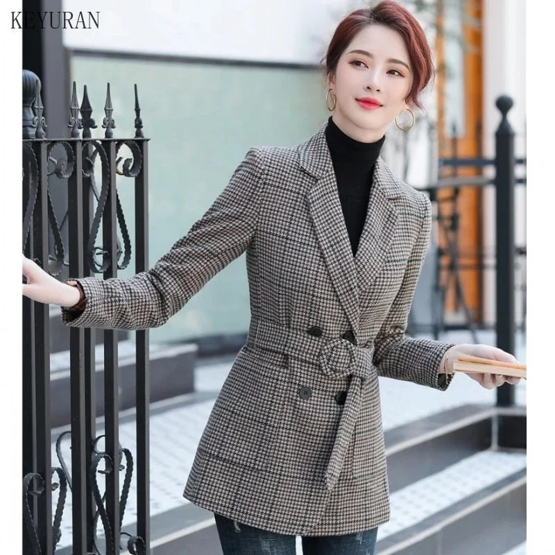 Korean Plaid Women Work Blazer Jacket 2022 Casual Double-breasted Sashes Suit Jacket Female Slim Female Blazer Outwear Plus Size