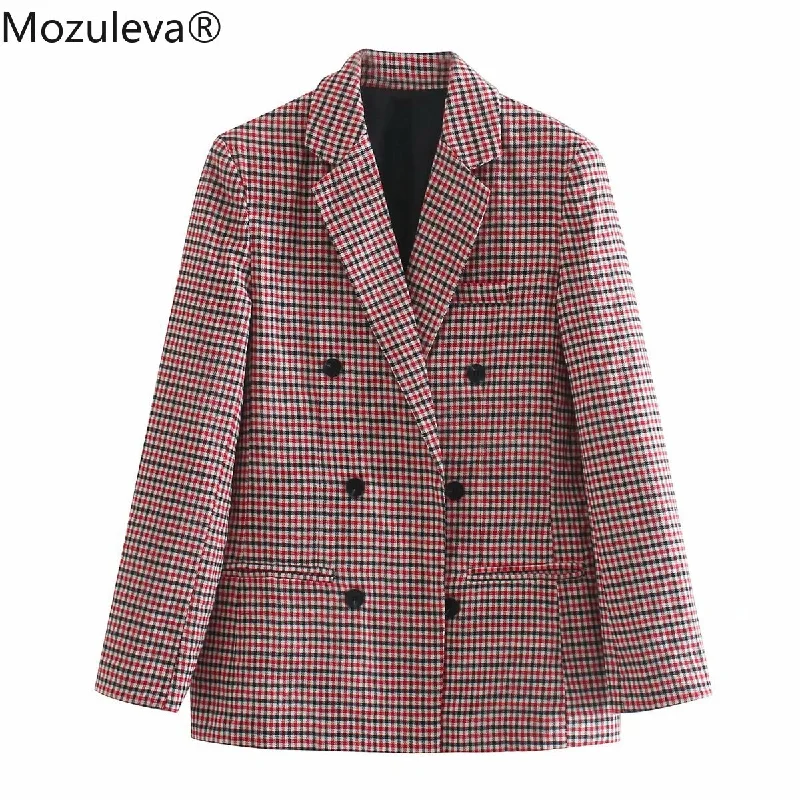 Mozuleva 2022 Office Ladies Plaid Blazer Jacket Women Casual Double-breasted Sashes Suit Jacket Female Slim Blazer Outwear