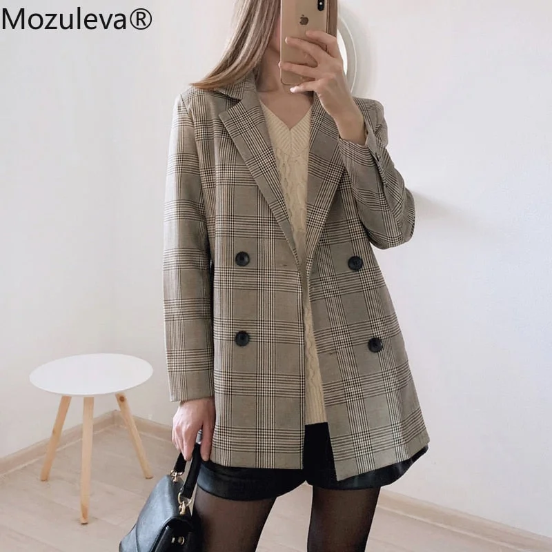 Office Ladies Notched Collar Plaid Women Blazer Double Breasted Autumn Jacket 2022 Casual Pockets Female Suits Coat