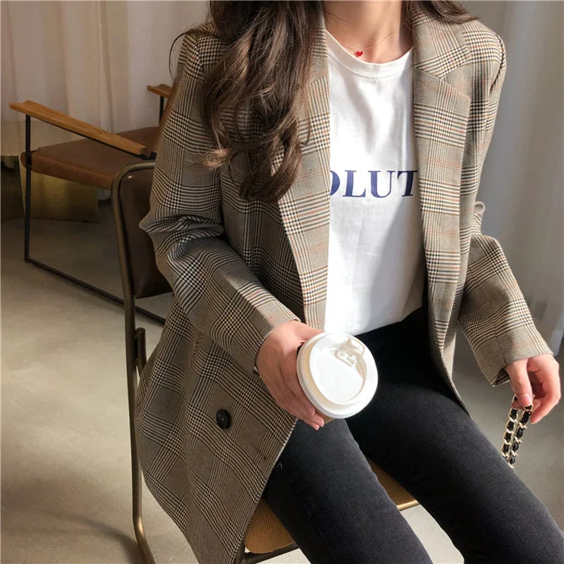 Office Ladies Notched Collar Plaid Women Blazer Double Breasted Autumn Jacket 2023 Casual Pockets Female Suits Coat