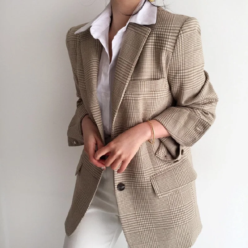 Office Lady Notched Collar Plaid Women Blazer Spring Autumn Jacket Casual Vintage Female Suits Coat Outerwear