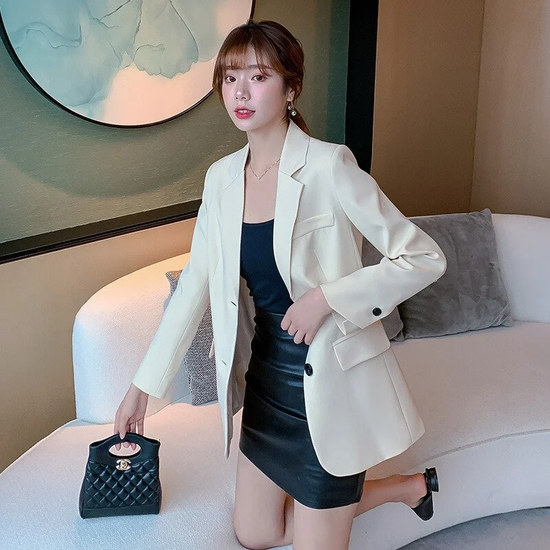 PEONFLY Autumn Blazer Jacket Women Casual Pockets Long Sleeve Coat Office Ladies Solid Pink Loose Blazers 2022