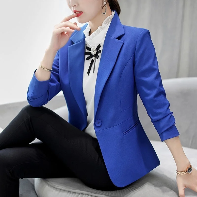 PEONFLY Women Solid Color Office Suits Elegant Notched Blazer Coat Single Button Female Casual Jacket Autumn Winter